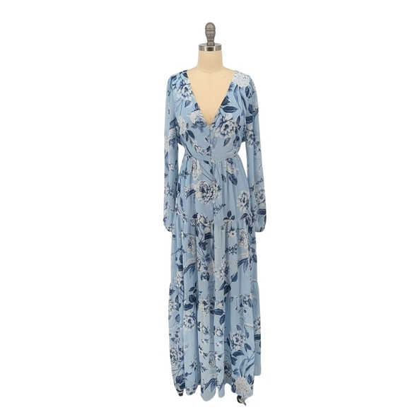 Sugar Lips Floral V Neck Maxi Dress Blue S bohemian spring long sleeves casual - Picture 1 of 9